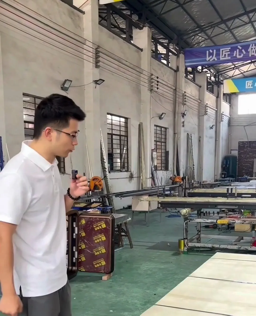 Entrance-door packing area with wooden shipping crates