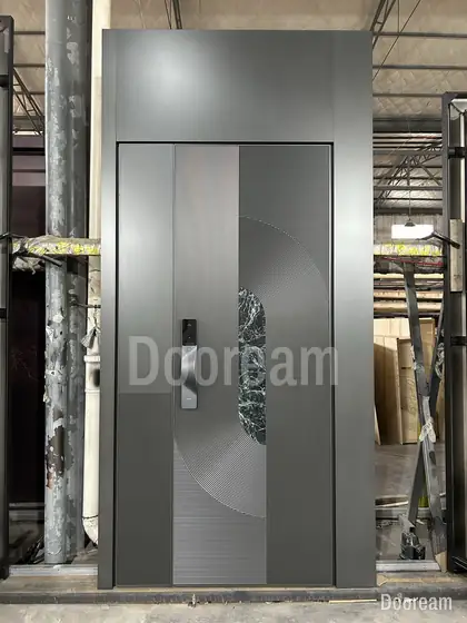 Grey door with a stone insert, photographed on our floor
