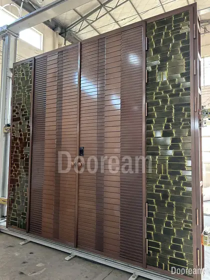 Walnut double door with mosaic sidelights, photographed on our floor