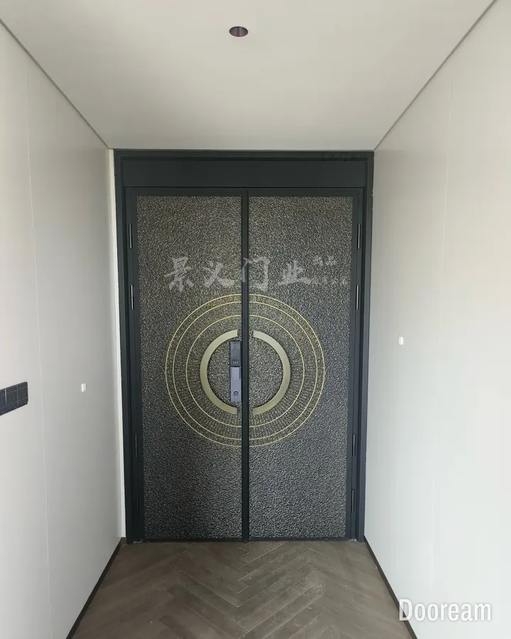 Textured charcoal double door with brass ring inlays, in an interior entrance hall, installed at a client's home