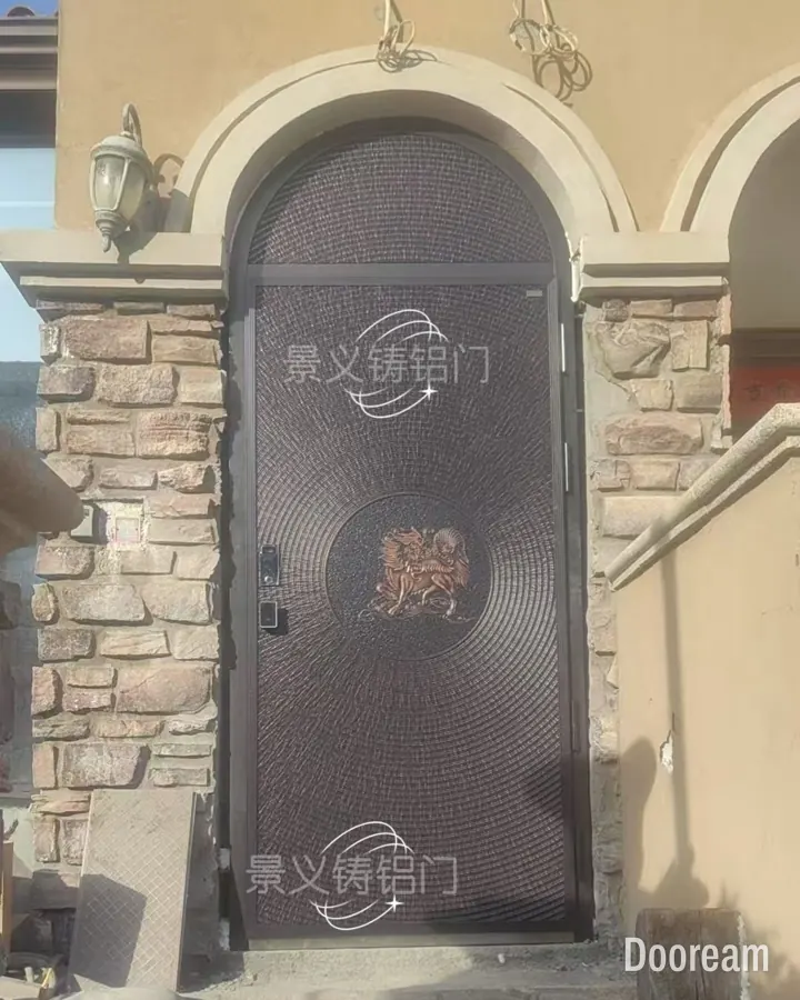 Arched single door with a radial texture and a copper lion medallion, installed at a client's home