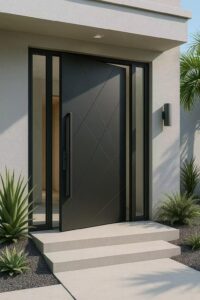Modern black aluminum pivot door with diamond geometric pattern and long vertical handle installed in a white villa.