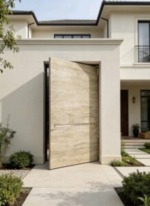 Oversized luxury pivot door with natural beige stone texture and integrated horizontal gold-toned recessed handle.