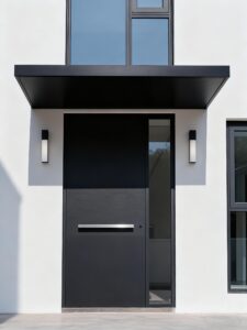 A modern matte black flush-mount armored door with a full-height glass sidelite, a long silver horizontal bar handle, and a black canopy, installed in a white minimalist villa facade.