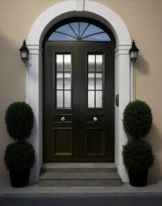 Classical arched double entrance door in natural wood finish, featuring multi-pane grid-pattern security glass lites, ornate fanlight transom, small gold-finish knobs, set in a white neoclassical facade with symmetrical topiaries.