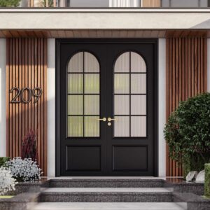 Luxury black arched double entrance door with 8-pane grid and fluted privacy glass, featuring minimalist gold handles, set against a modern wood-slat facade.