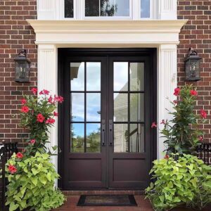 Classic matte black double French entry door with 6 symmetrical glass panes on each leaf, set in a white neoclassical door frame with red floral landscaping and brick wall facade.