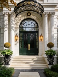 Luxury hunter green double French entrance door with intricate black filigree and gold handles, featuring a large arched fanlight transom, set in a white neoclassical facade with Corinthian columns and an ornate wrought-iron canopy.