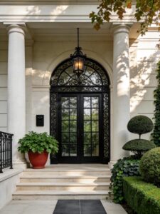 Grand matte black double French entrance door with 10 glass panes per leaf, featuring a large semi-circular arched transom with intricate ornate scrollwork, flanked by massive Tuscan columns and lush landscaping.