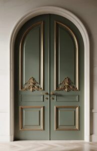 Luxury sage green arched double interior door with intricate gold relief carvings and gold-finish lever handles, set against a clean white arched architrave with herringbone wood flooring.