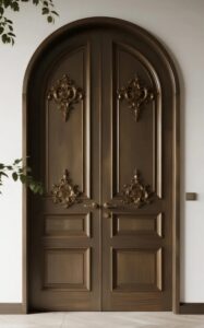 Classical dark walnut arched double interior door with elaborate baroque relief carvings and gold-finish hardware, set against a minimalist white wall with light wood flooring.