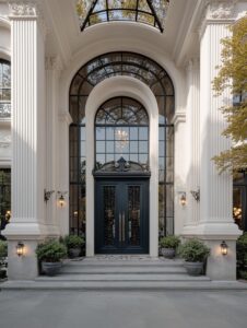 Massive black double French armored door with intricate filigree, featuring a multi-layered grand arched glass transom and soaring white fluted Corinthian columns on a luxury estate facade.