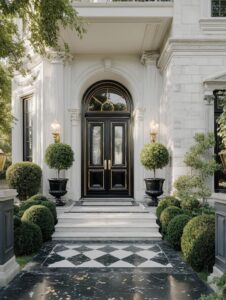 Luxury black double entrance door with gold frame accents, featuring a sunburst-patterned arched glass transom, set in a white neoclassical stone facade with fluted columns.