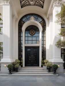 Massive black double armored entrance door with intricate filigree, set in a multi-tiered grand arched white stone facade with fluted Corinthian columns and a ceiling-integrated wrought-iron canopy.