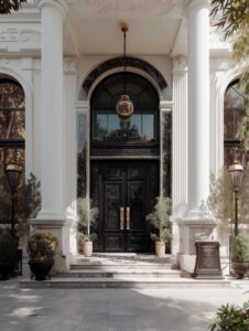Monumental black double armored door with heavy baroque carvings, featuring a large arched glass transom and massive white fluted Corinthian columns on a luxury estate facade.