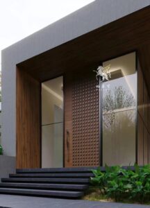 Flush-mount pivot door in dark wood with precision geometric lattice grid pattern and full-height organic sculptural wavy metal pull, seamlessly integrated into matching wood-clad modern facade.