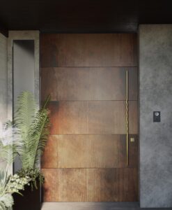 Flush-mount pivot door in deep aged bronze rust patina with broad horizontal linear bands and full-height serpentine wavy brushed brass pull, seamlessly integrated into matching textured wall cladding in modern luxury entrance.