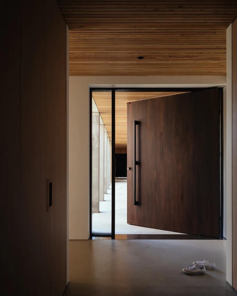 Wood-grain pivot door with a slim vertical black pull handle and fixed glazing beside the opening.