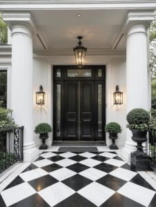 Classic French-style double pivot armored door in deep matte black with frosted glass transom and sidelights, gold hardware, set in white stone facade with checkerboard marble floor and columns.