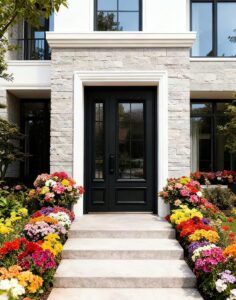 Classic French-style double pivot armored door in deep matte black with frosted glass panels, gold hardware, set in light stone facade with colorful flower beds and white trim.