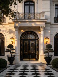 Luxurious French-style double pivot armored door in deep matte black with ornate gold wrought iron patterned glass panels, gold hardware, set in classical stone arched entrance with checkerboard marble floor and columns.