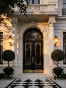 Luxurious French-style double pivot armored door in deep matte black with ornate gold wrought iron patterned glass panels, gold hardware, set in classical stone arched entrance with checkerboard marble floor and columns.