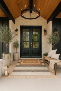 Classic French-style double pivot armored door in deep matte black with grid frosted glass panels and gold hardware, set in light stone facade with wooden ceiling, welcome mat, and potted plants.