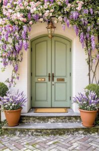 Romantic French-style double pivot armored door in soft sage green with frosted glass panels and gold hardware, surrounded by abundant pink roses and purple wisteria on white brick facade.