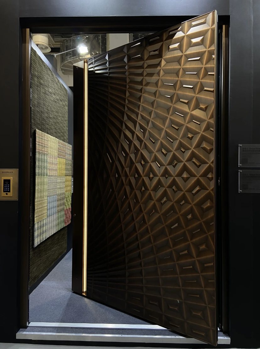Dark geometric armored-style entrance door design reference