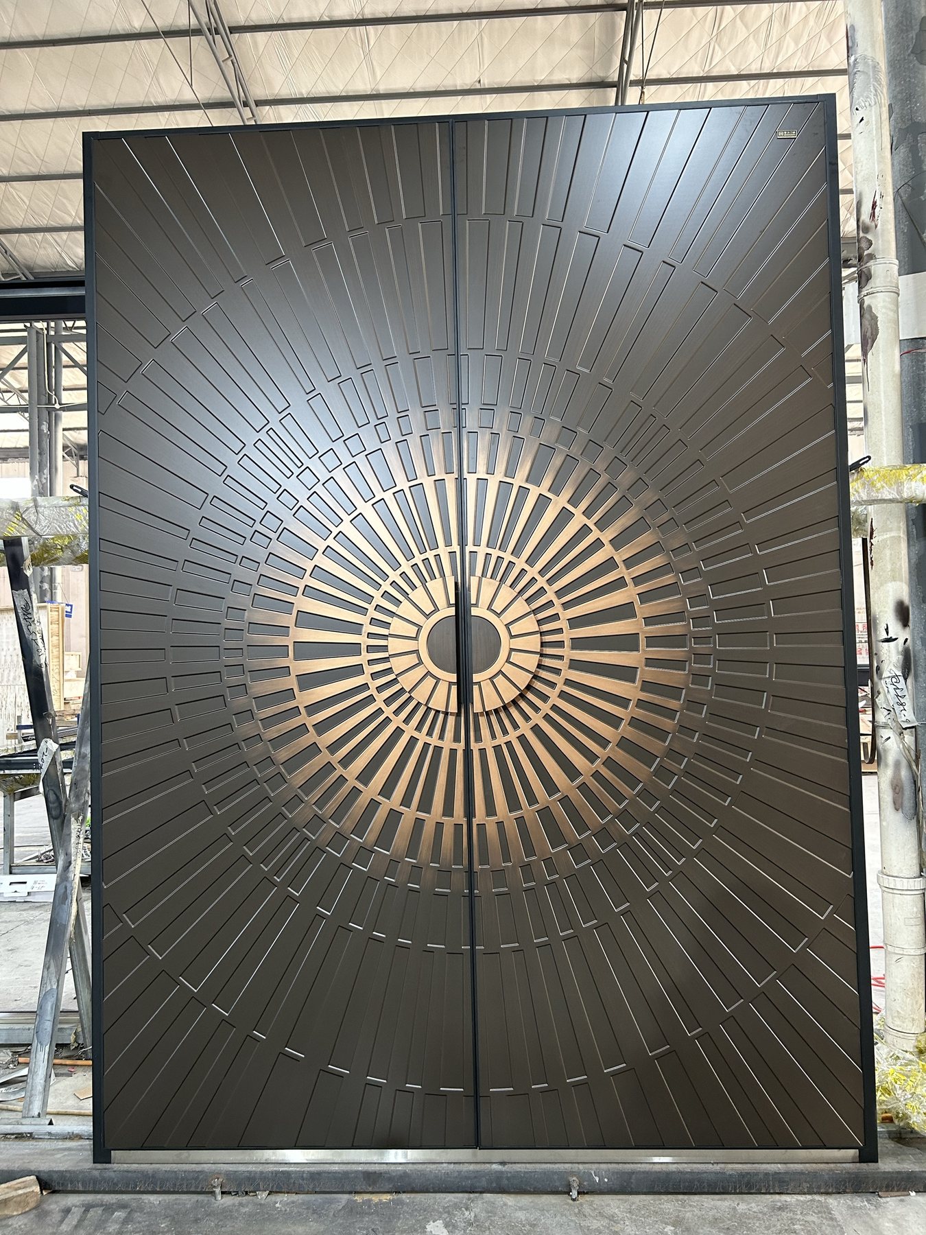 Decorative luxury entrance door shown during factory production for project type coordination