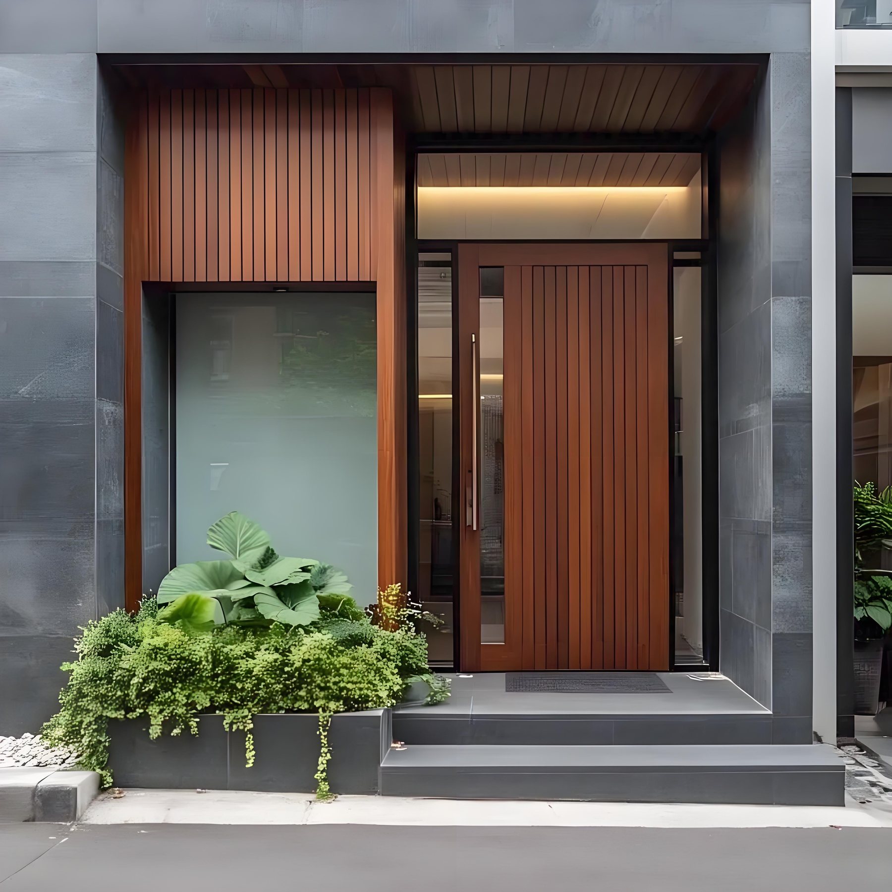 Luxury wood front door installed on modern villa exterior