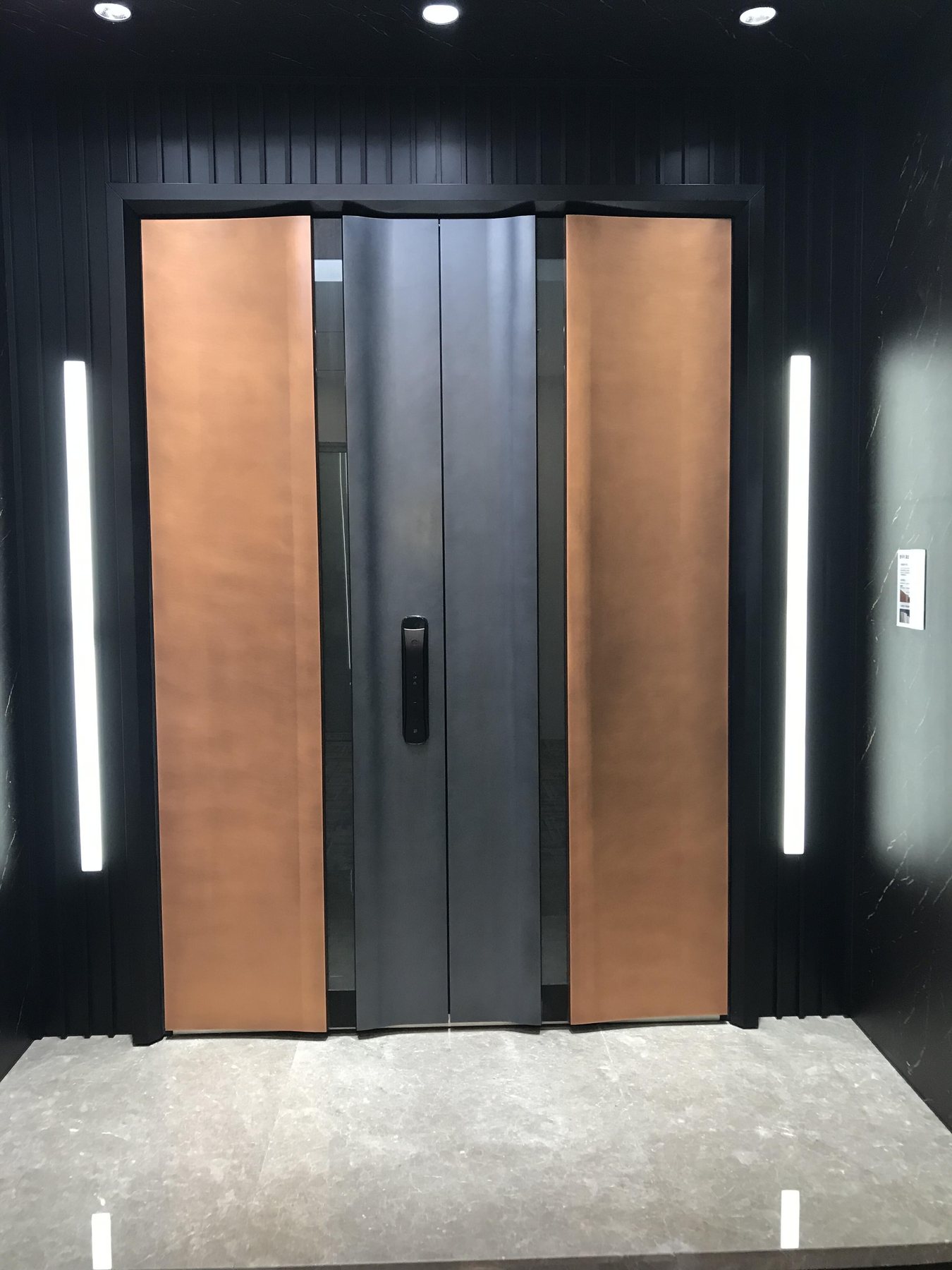 Modern pivot entrance with illuminated side panels for project-brief planning