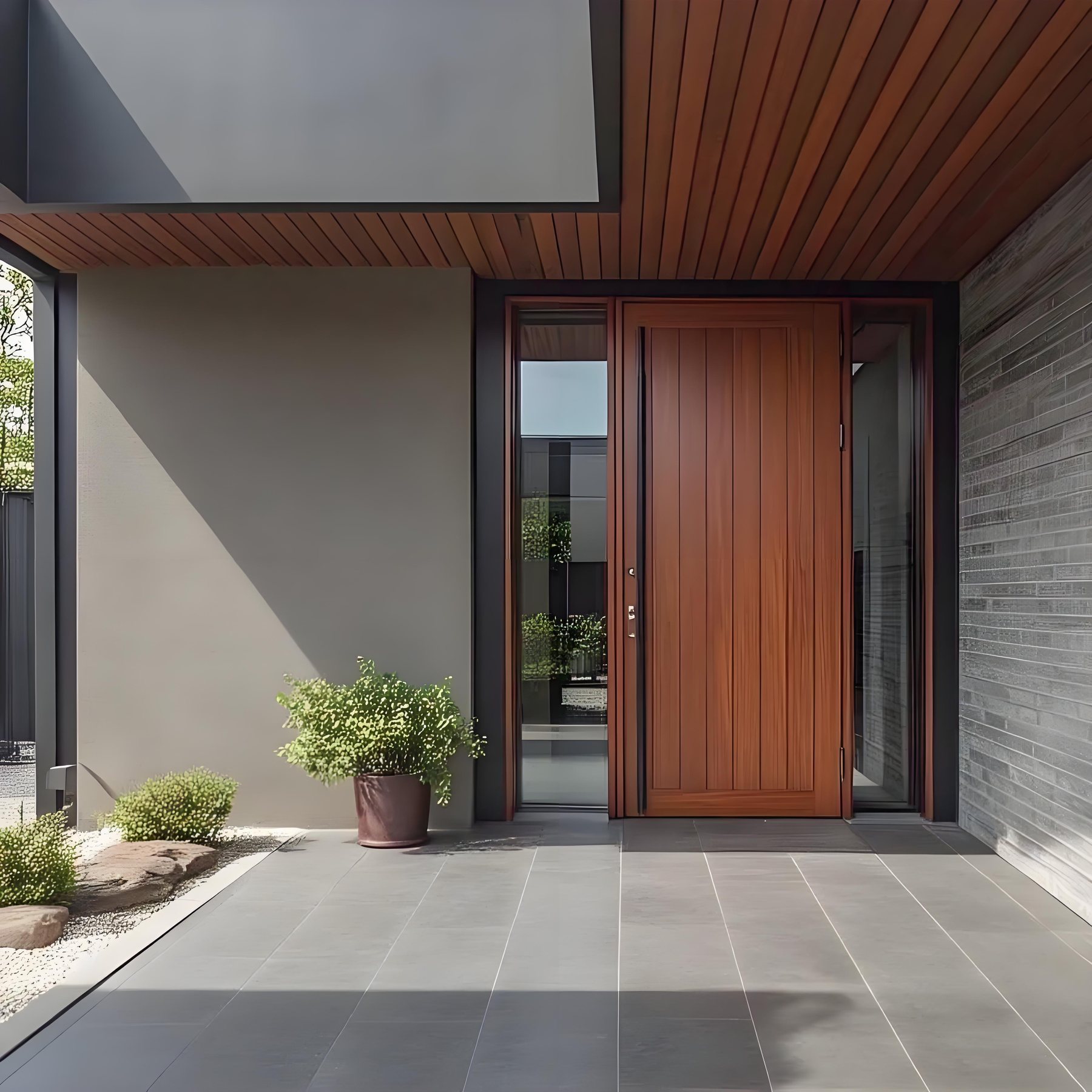 Modern wood look pivot entrance door reference for a Canada project discussion