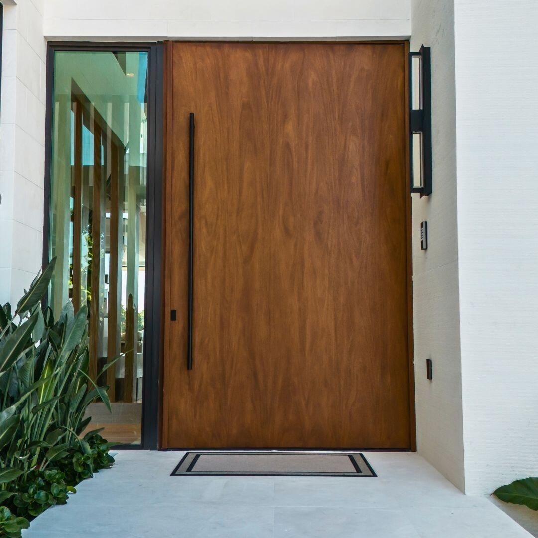 Wood look front door with side glass reference for an Australian custom home project