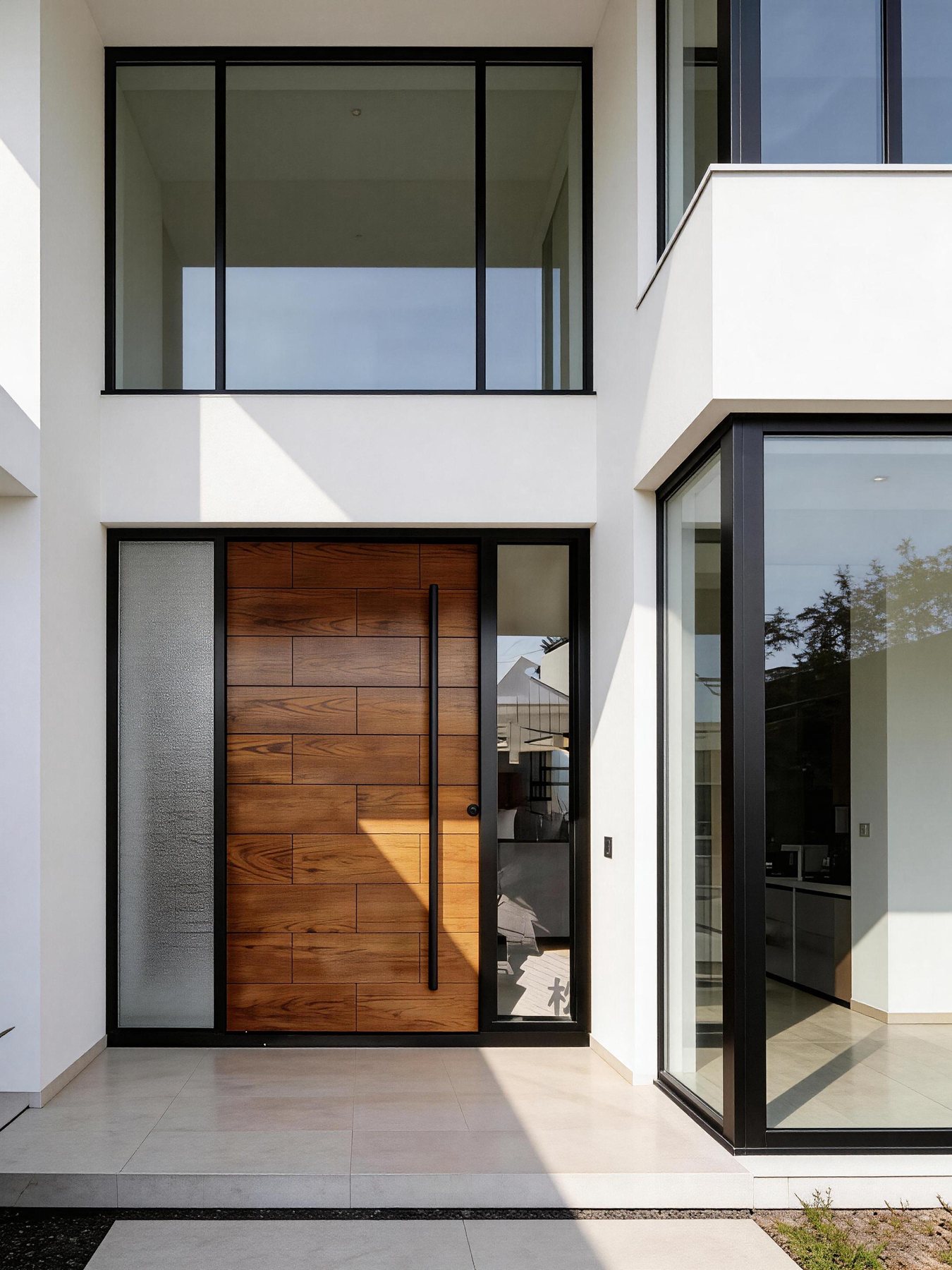 Wood pivot door installed on modern villa facade
