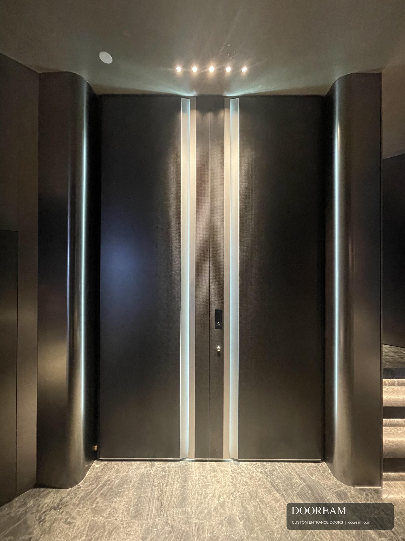 Dark metallic entrance design with tall vertical accents and coordinated side panels