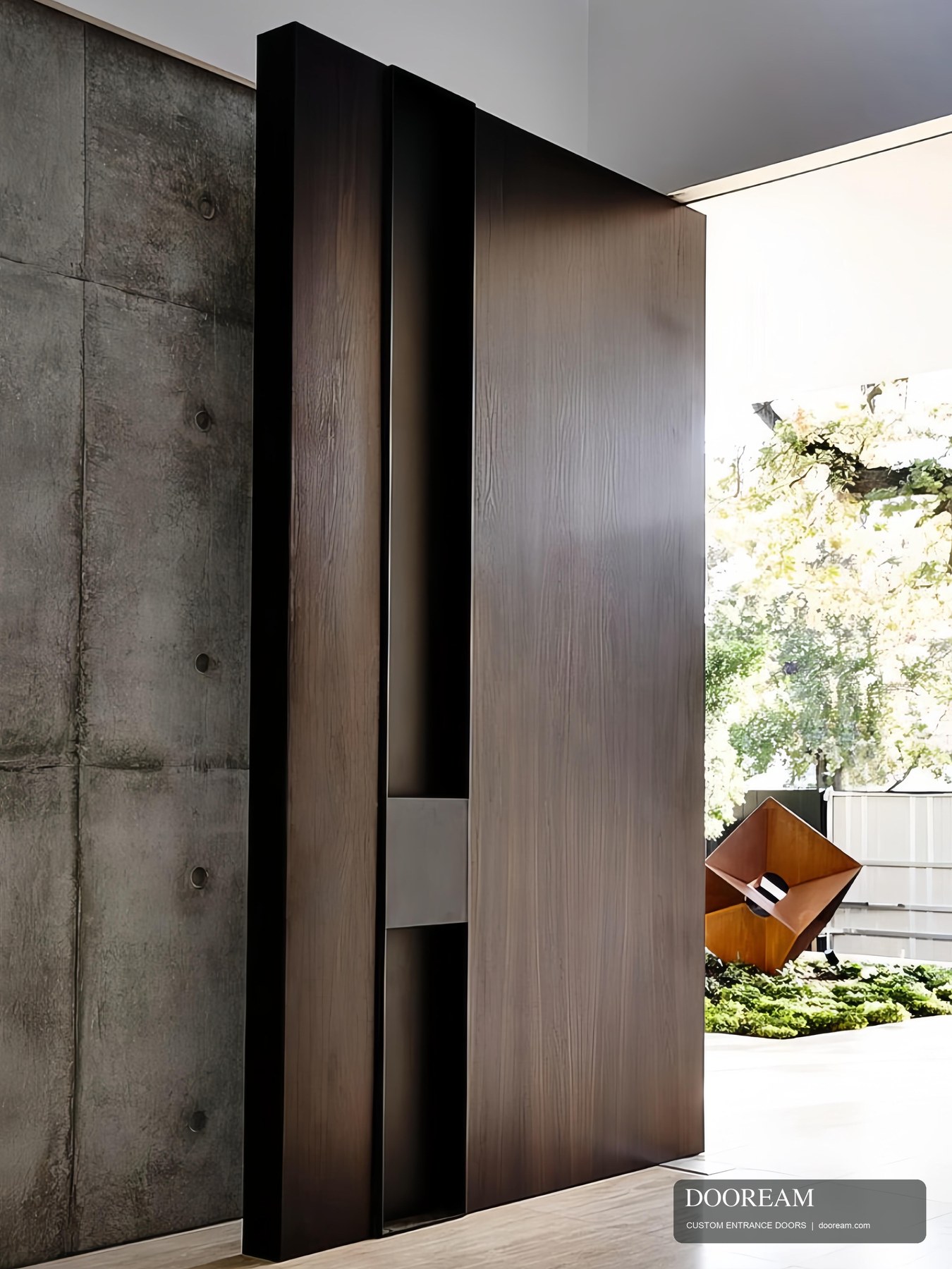 Wood-grain entrance design reference with tall vertical lines and a recessed handle