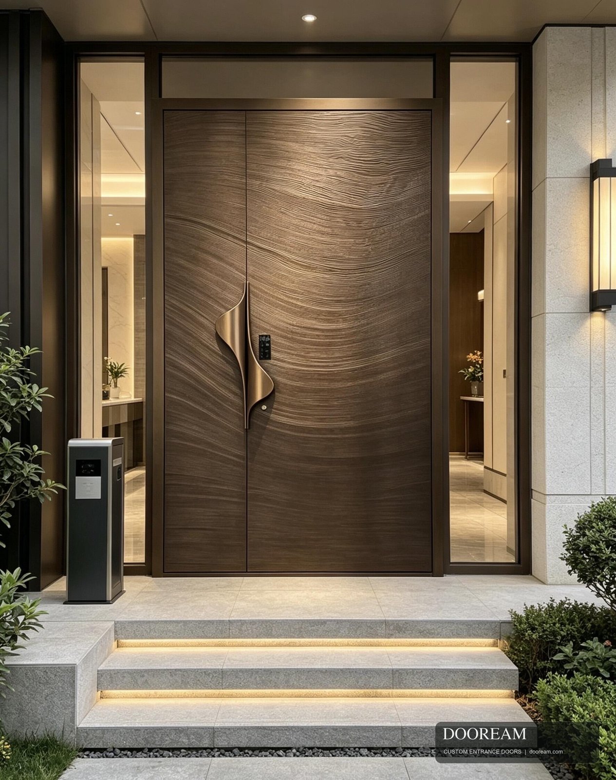 Textured double entrance design reference with upper glazing and sidelights