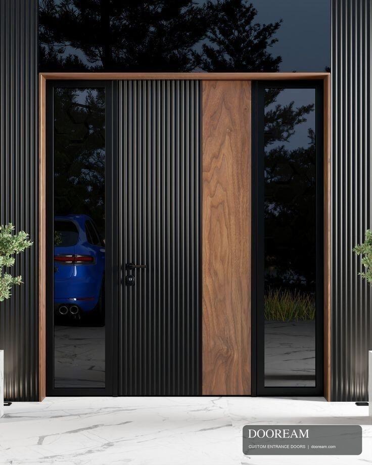 Design reference showing a dark vertically fluted entrance with a contrasting wood-tone centre panel and glazed side areas