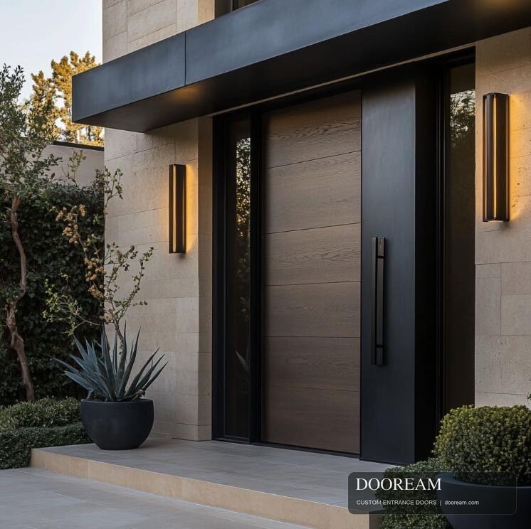 Design reference showing a brown wood-grain appearance entrance door with dark framing and glazed side areas