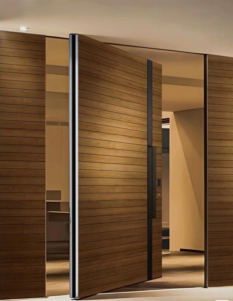 Wood-look door integrated with horizontal wall panels
