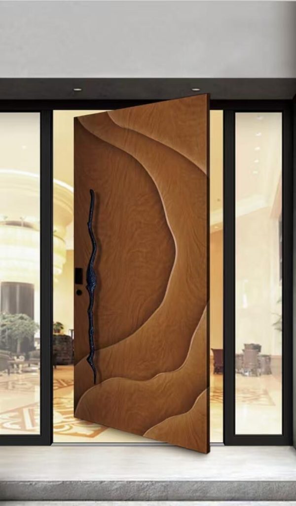 Sculpted wood-look door with layered curves and dark pull
