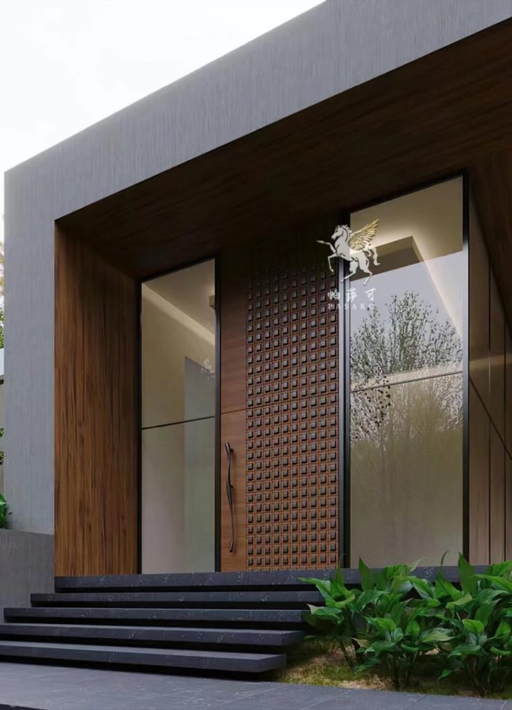 Wood-look lattice entrance with sidelights and visible PASAK mark