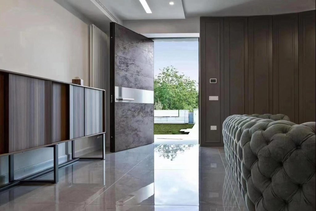 Grey mineral-look door with silver-tone center band