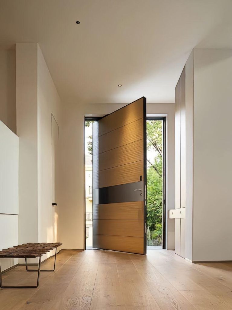 Wood-look door with broad black center band